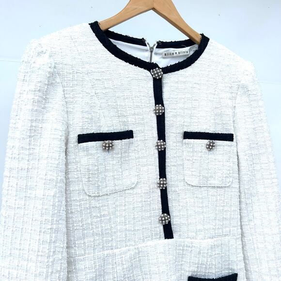 Alice + Olivia Shiloh Romper Long Sleeve White Black Metallic Festive Tweed 10 - Picture 6 of 11